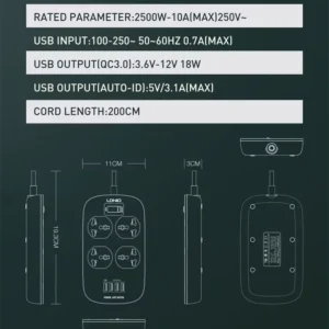 مشترك كهرباء SC4407 سلك 2 متر 4 منافذ 4 USB من لدنيو