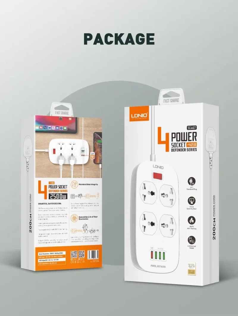 مشترك كهرباء SC4407 سلك 2 متر 4 منافذ 4 USB من لدنيو
