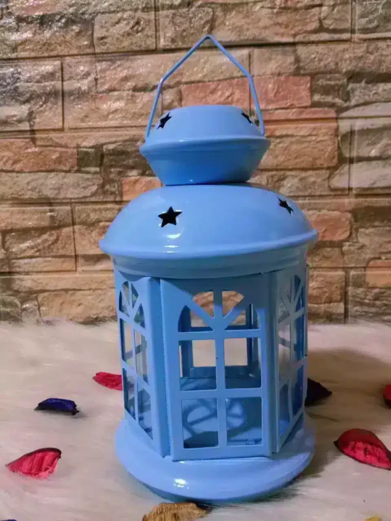 فانوس رمضان معدن وزجاجي مع شمعة إلكترونية