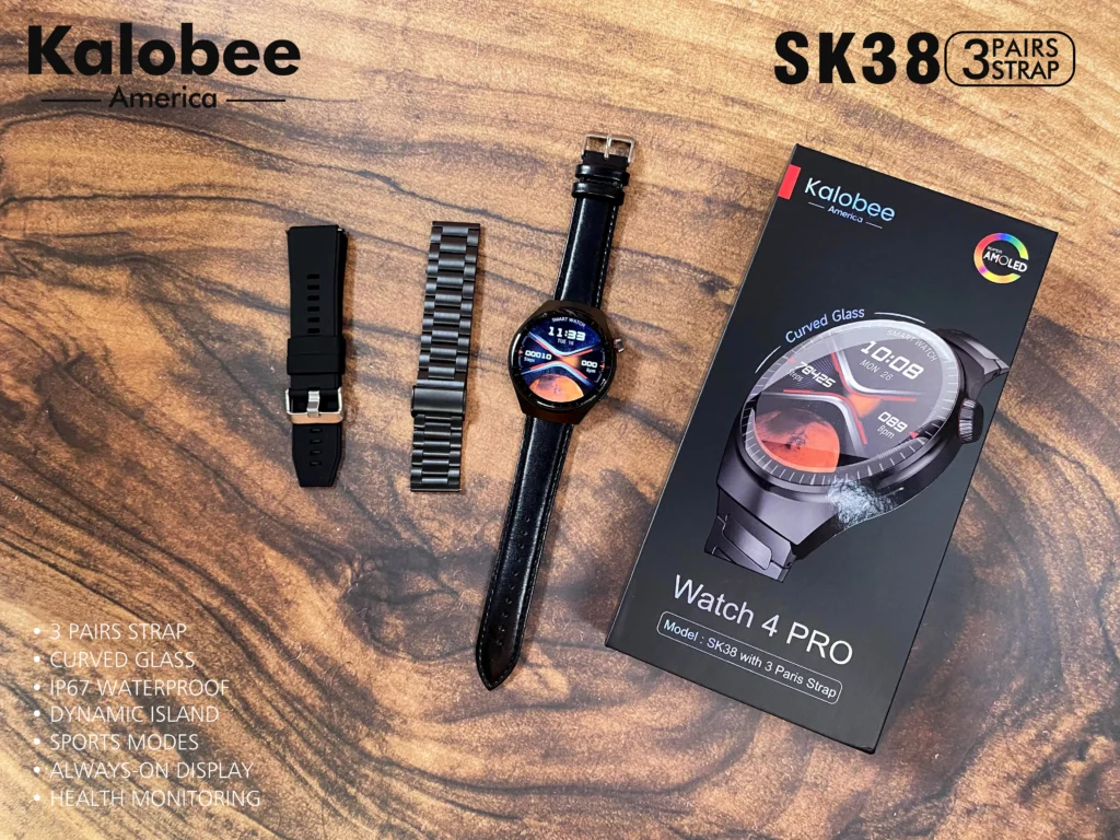 ساعة سمارت دائرية sk38 watch Kalobee شاشة اموليد و3 ستراب لون سيلفر