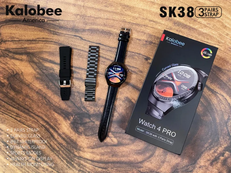 ساعة سمارت دائرية sk38 watch Kalobee شاشة اموليد و3 ستراب لون سيلفر