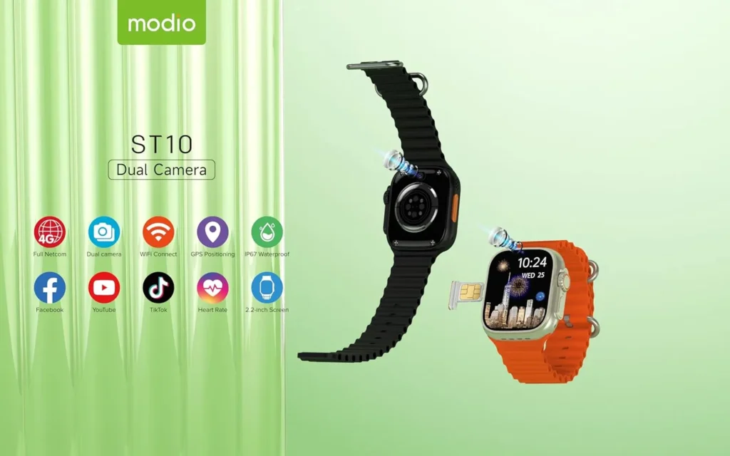ساعة بشريحة وكاميرا Modio ST10 Dual Camera مساحة 64 جيجا، رام 4 جيجا لون اسود