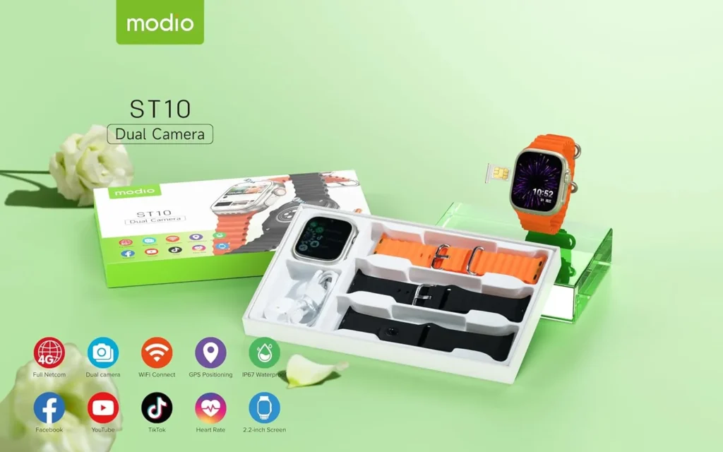 ساعة بشريحة وكاميرا Modio ST10 Dual Camera مساحة 64 جيجا، رام 4 جيجا لون اسود