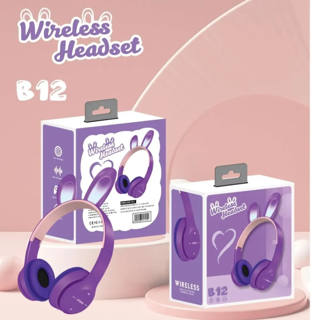 هيدفون بناتى بلوتوث b12 headphones شكل ارنب مضيئة لون بنفسجى