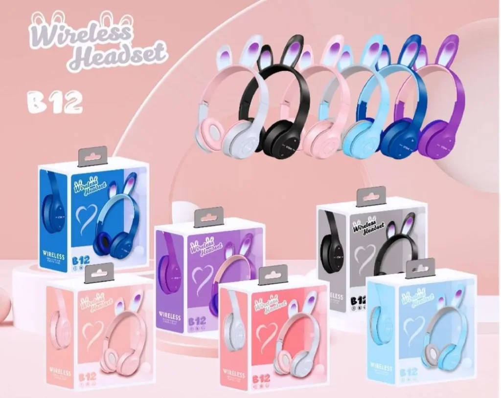 هيدفون بناتى بلوتوث b12 headphones شكل ارنب مضيئة لون بنفسجى