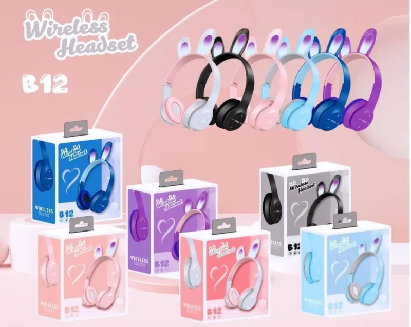 هيدفون بناتى بلوتوث b12 headphones شكل ارنب مضيئة لون بنفسجى